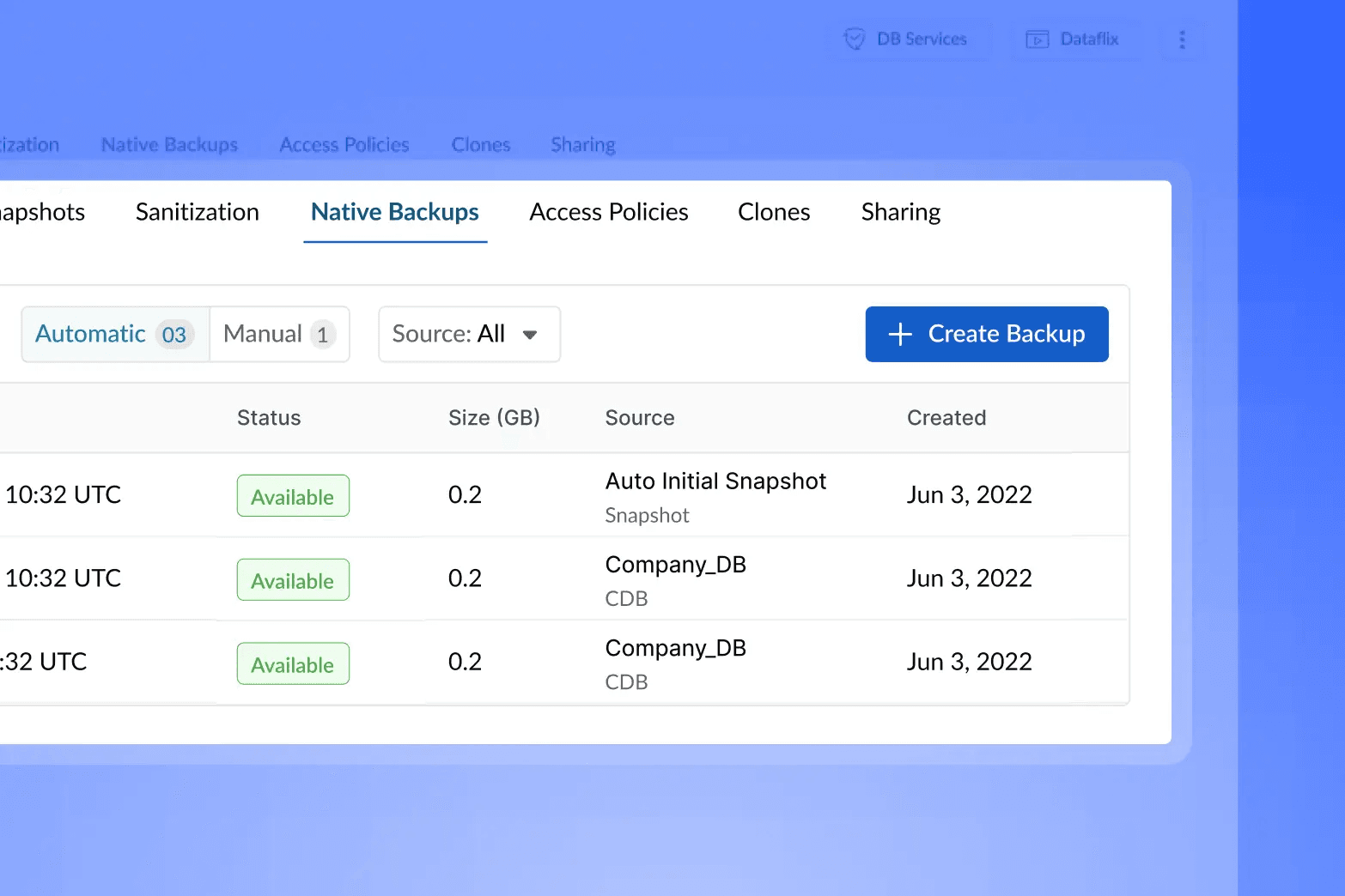 Tessell console: Automated backup & recovery