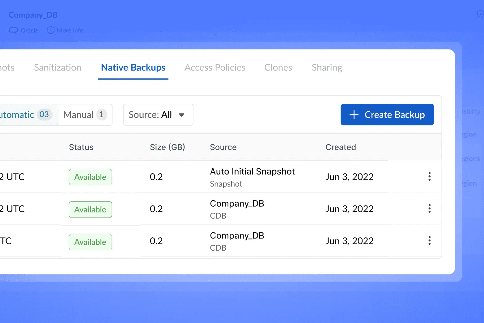 Tessell console: Backup visibility