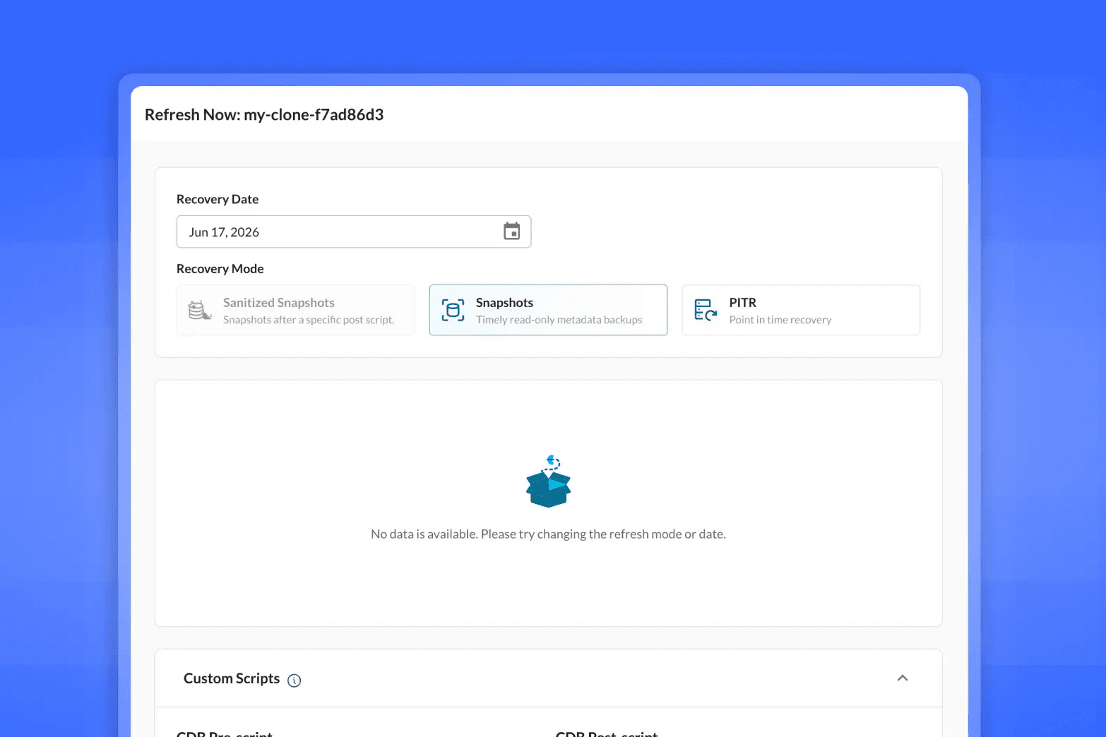 Tessell console: Automated environment refresh