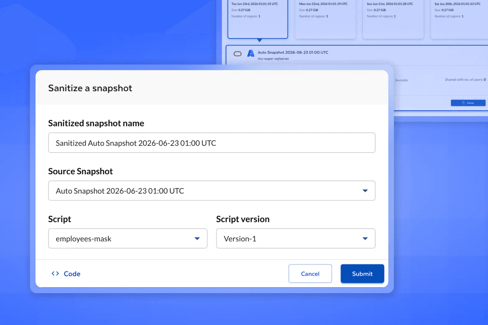 Tessell console: Sanitized data for lower environments