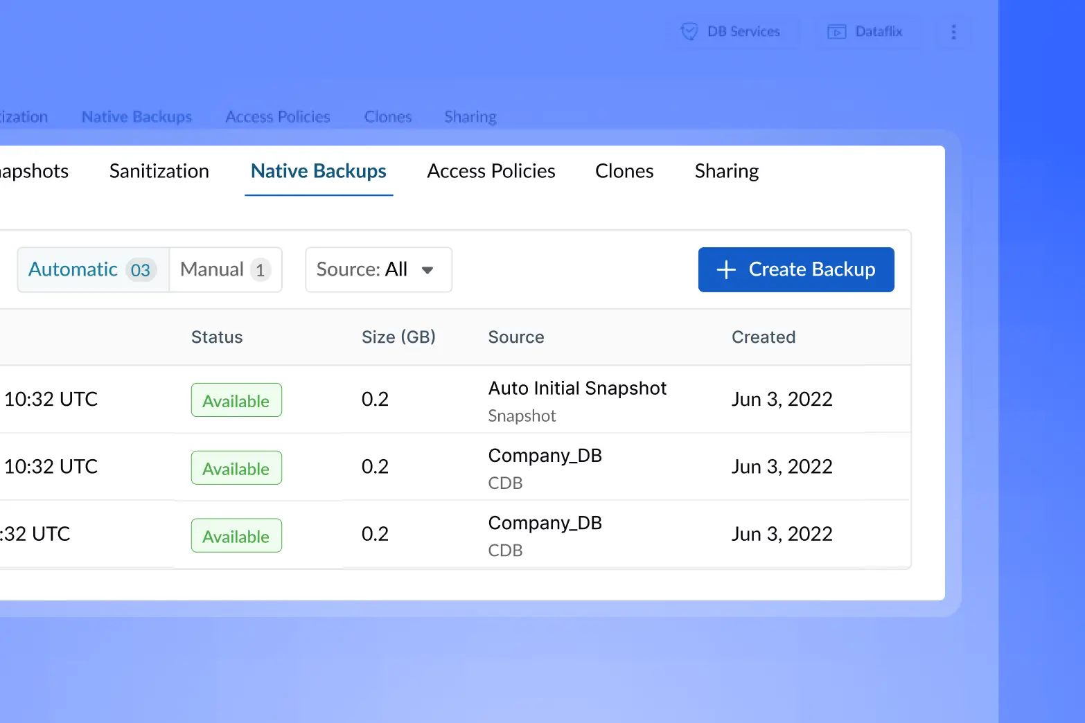 Tessell console: Automated Backup & Recovery — Every MySQL operation, handled on the platform