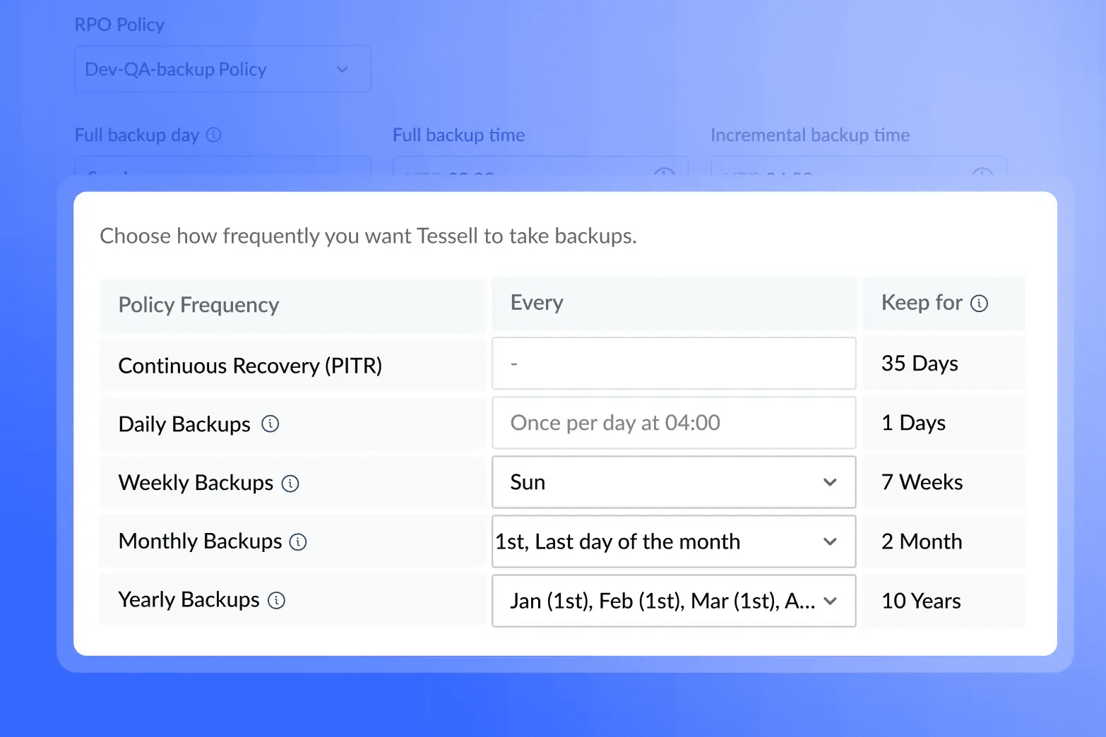 Tessell console: Retention policies